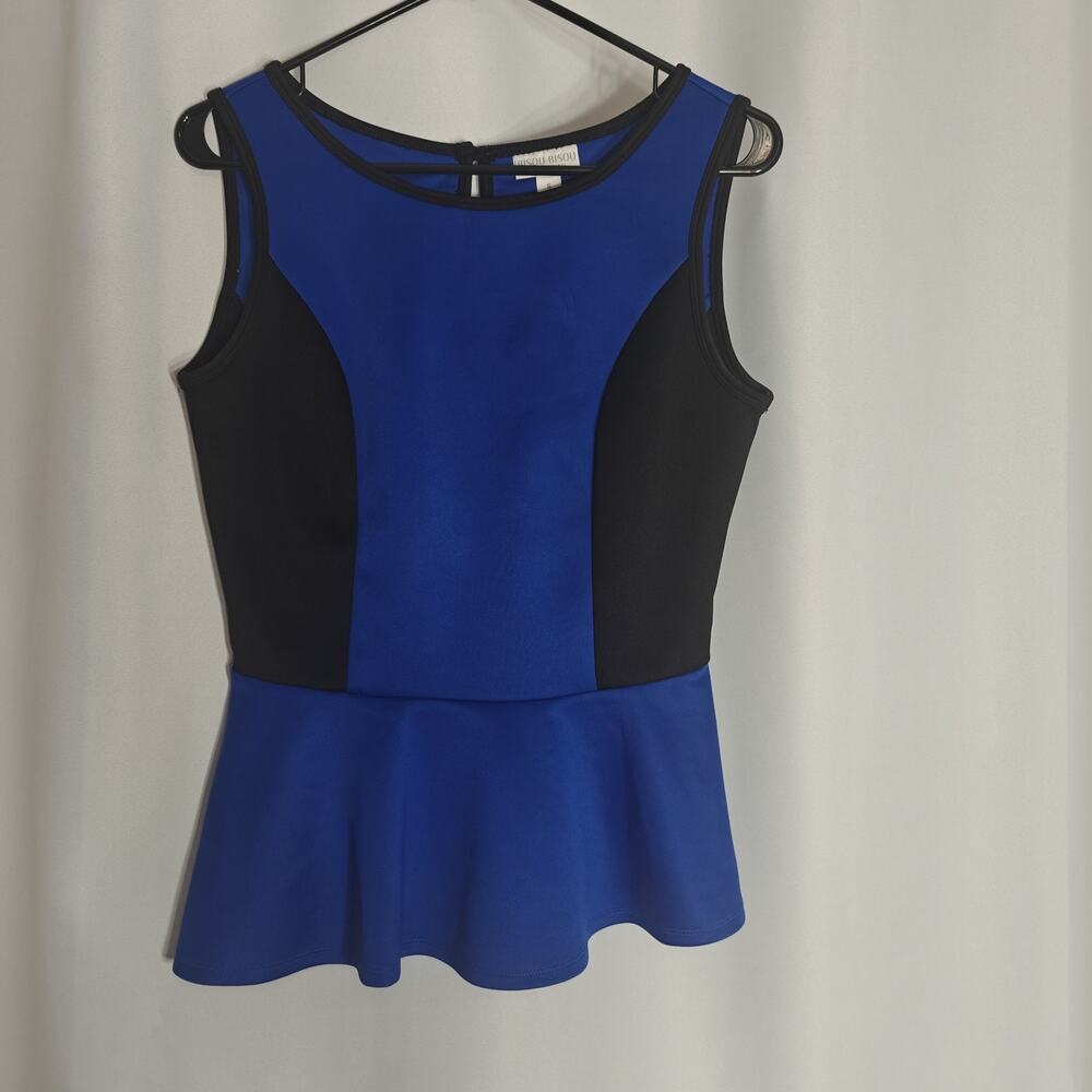 Bisou Women Size Small Blue black peplum blouse Top
